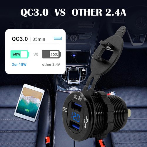 LENKRAD Quick Charge 3.0 USB Outlet 12V/24V with Blue Voltmeter, Waterproof Marine New Energy USB Outlet,Rv Dual USB Charge Port Electrical Outlet with Fast Charge USB for Golf Cart Motorcycl