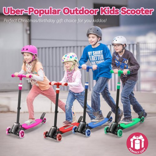3 Wheel Scooter for Kids Age 3-12, Kid Scooters with Extra-Wide Deck, Lean to Steer Height Adjustable Handlebar, Light Up Wheels, Stable Smooth Riding Child Kick Scooter Hold 165 lbs, Girl Gift