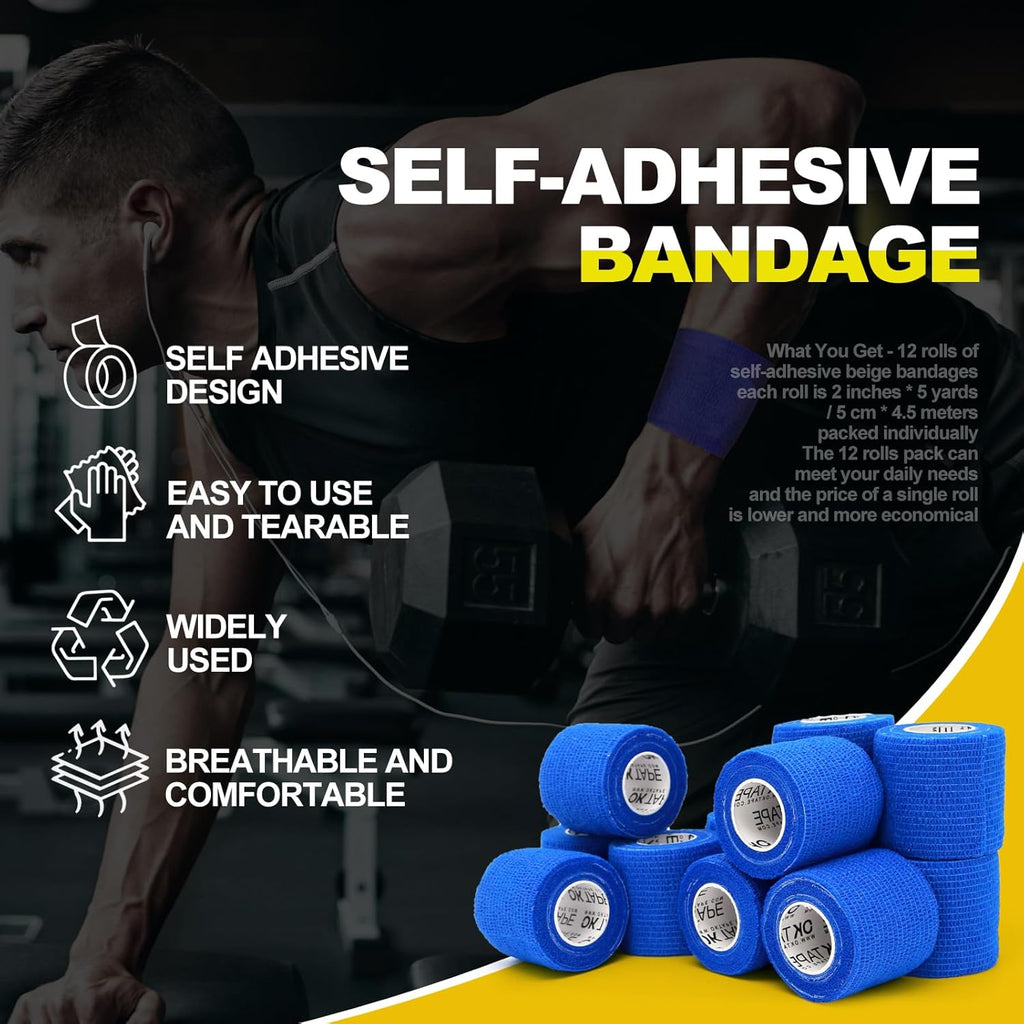 OK TAPE Self-Adhesive Bandage Wrap - Elastic Athletic Tape for Medical Use | 2" x 5 Yards - Blue