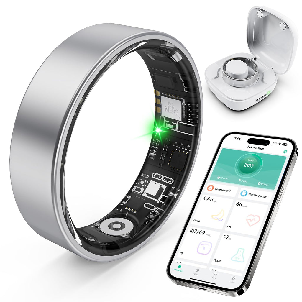 Smart Ring with Sleep Monitoring, Step Counting, Heart Rate, Blood Oxygen, Blood Pressure for iPhone and Android, No Subscription Fee, IP68 Waterproof Health Tracker (Silver, 7)