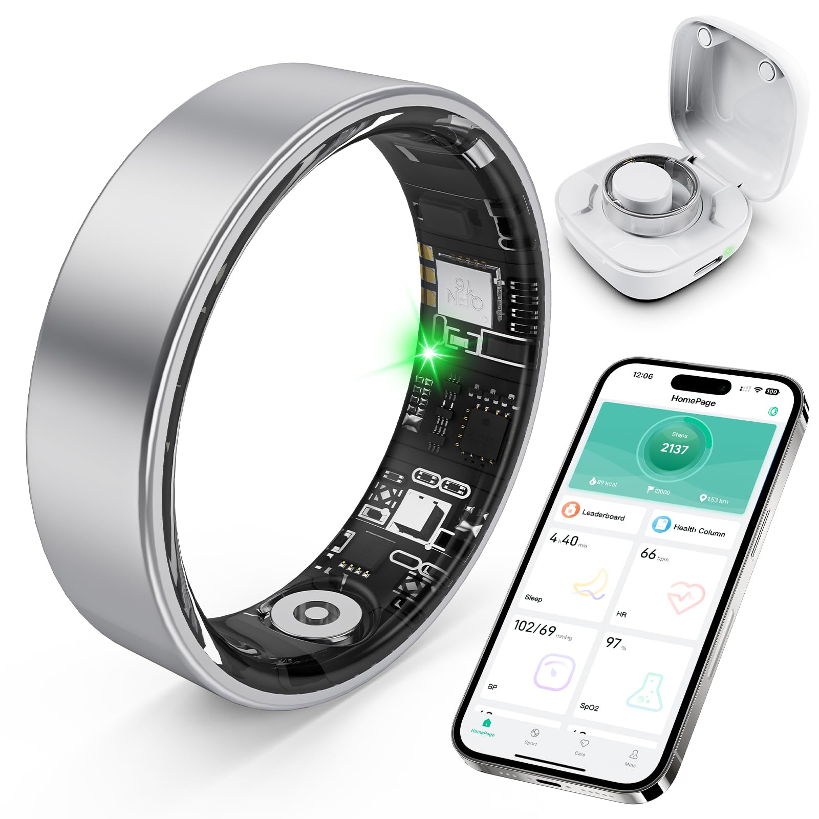 Smart Ring with Sleep Monitoring, Step Counting, Heart Rate, Blood Oxygen, Blood Pressure for iPhone and Android, No Subscription Fee, IP68 Waterproof Health Tracker (Silver, 7)