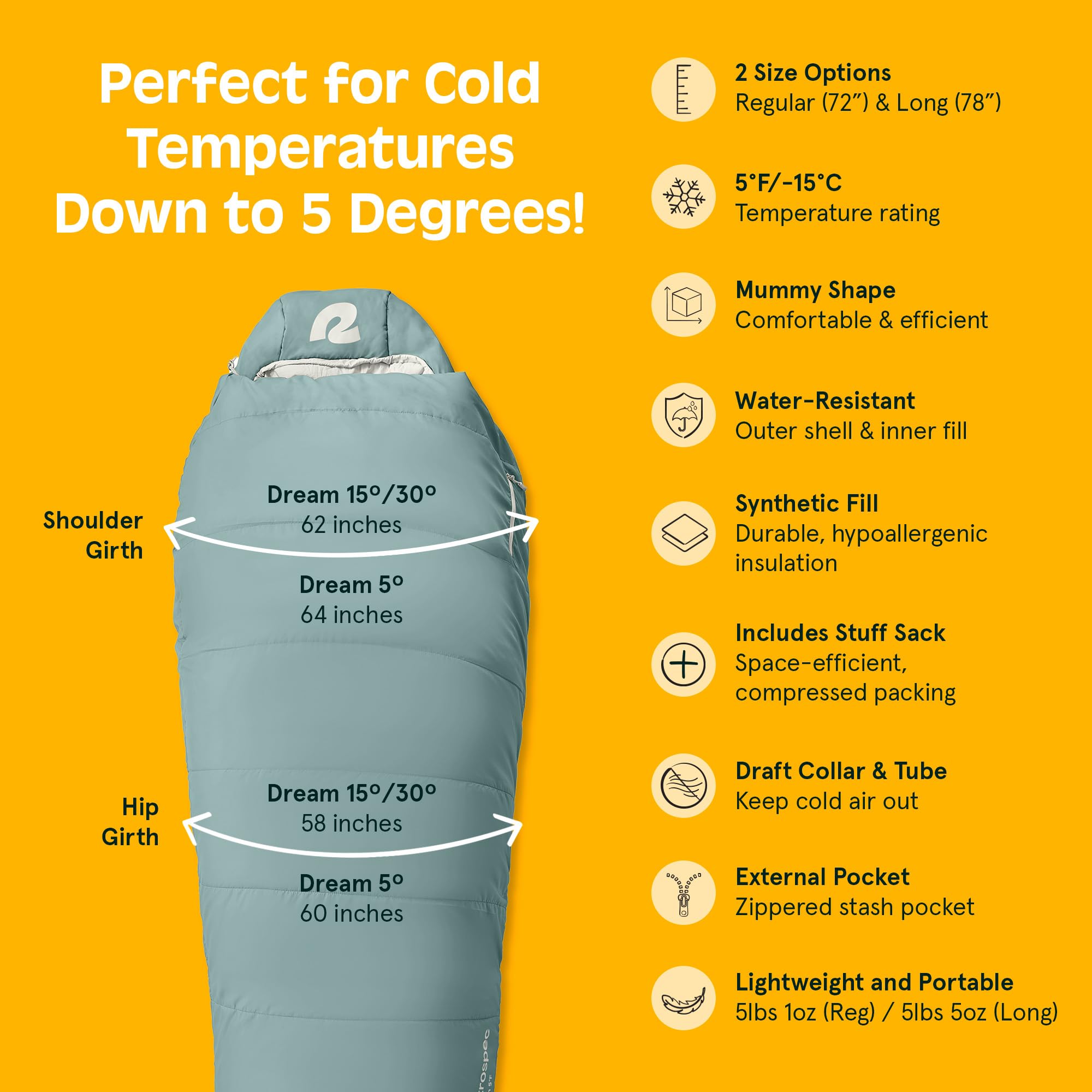 Retrospec Dream 5 Mummy Sleeping Bag - Insulated Cold Weather, Water-Resistant, Adjustable Adult Sleeping Bag