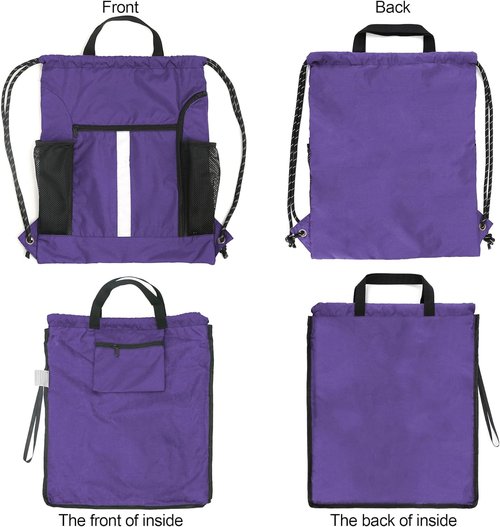 BeeGreen Gym Backpack - Lightweight Purple String Bag with Shoe Compartment & 2 Water Bottle Holders