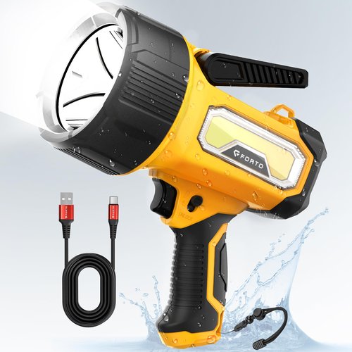 FORTO Rechargeable Spotlight, 200000 Lumens Handheld Spot Light with Foldable Stand, 6 Modes IPX7 Waterproof LED Spot Lights for Walk The Dog Hunting Camping Hiking Boating (Yellow)