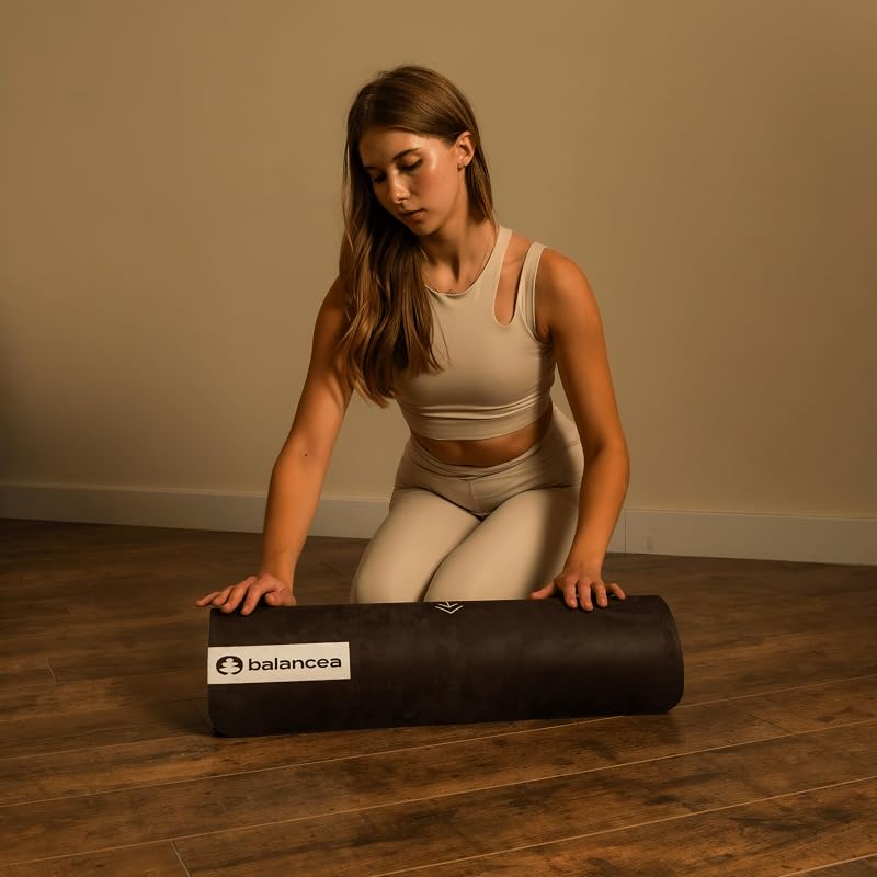 Balancea 5mm Yoga Mat with Strap - Non-Slip Suede Top, Eco-Friendly TPE Base, 72 x 24 in (Black)