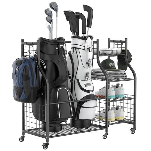 WALMANN Garage Golf Bag Storage Organizer Stand, Extra Large Golf Bag Stand with Golf Accessories Storage Shelves Rolling Golf Bags Organizer
