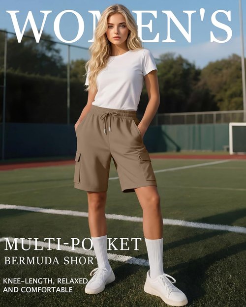 Neer Women's Bermuda Shorts - Casual Knee-Length Cargo Shorts with 4 Pockets | Elastic Drawstring