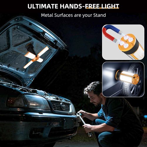 T-SUN Rechargeable Camping Light with Stand, 10400mAh LED Work Light 4100 Lumens with 4 LED Lamp Heads, Portable Work Light with Detachable Tripod 67" Max Height (Orange)