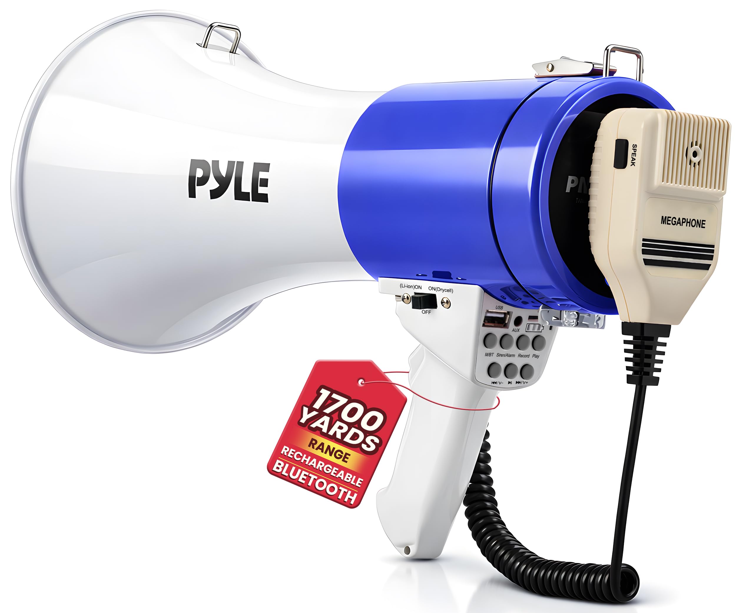 Pyle 50W Megaphone Bullhorn Speaker – Portable Bluetooth, Alarm Siren, Adjustable Volume up to 1700 Yards, Aux Input, USB/TF Playback, for Indoor/Outdoor Activities, Sports, and Emergency Drills –Blue