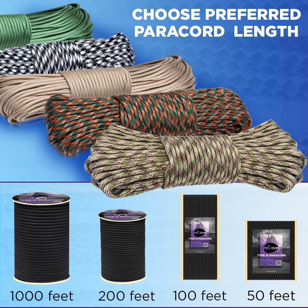 TECEUM Reflective Paracord Rope - Glow in The Dark Utility Rope for Survival | Available in 1000ft, 200ft, 100ft, 50ft