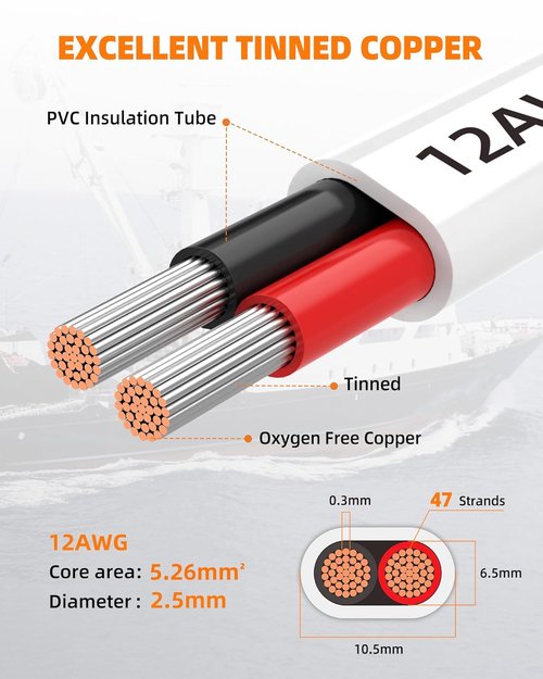 CONEPY 12 Gauge Marine Wire - Waterproof 12/2 Duplex Tinned Copper Cable for Boats & RVs | 200FT
