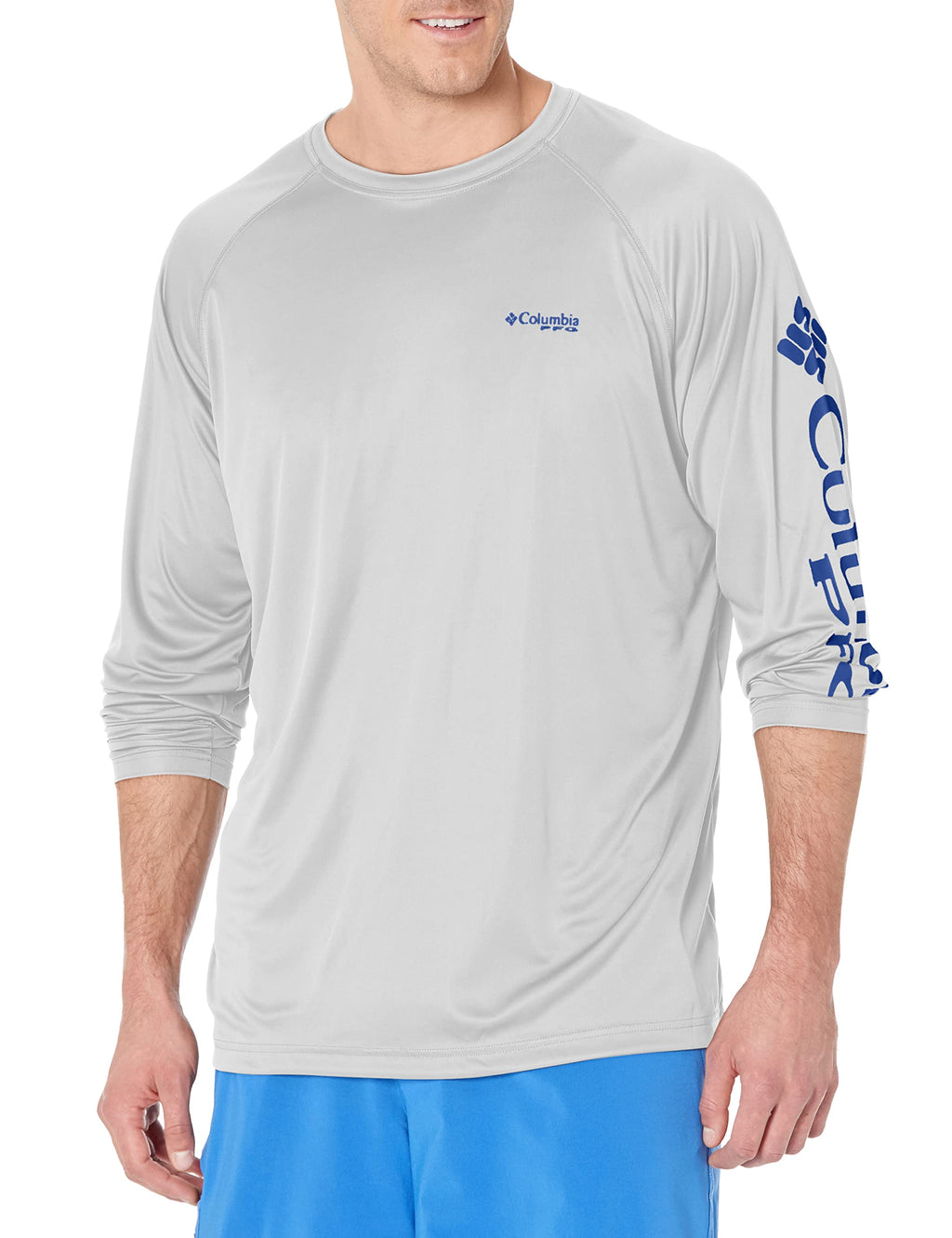 Columbia Men's PFG Terminal Tackle Long Sleeve Fishing Shirt, Cool Grey/Vivid Blue Logo, X-Large Tall