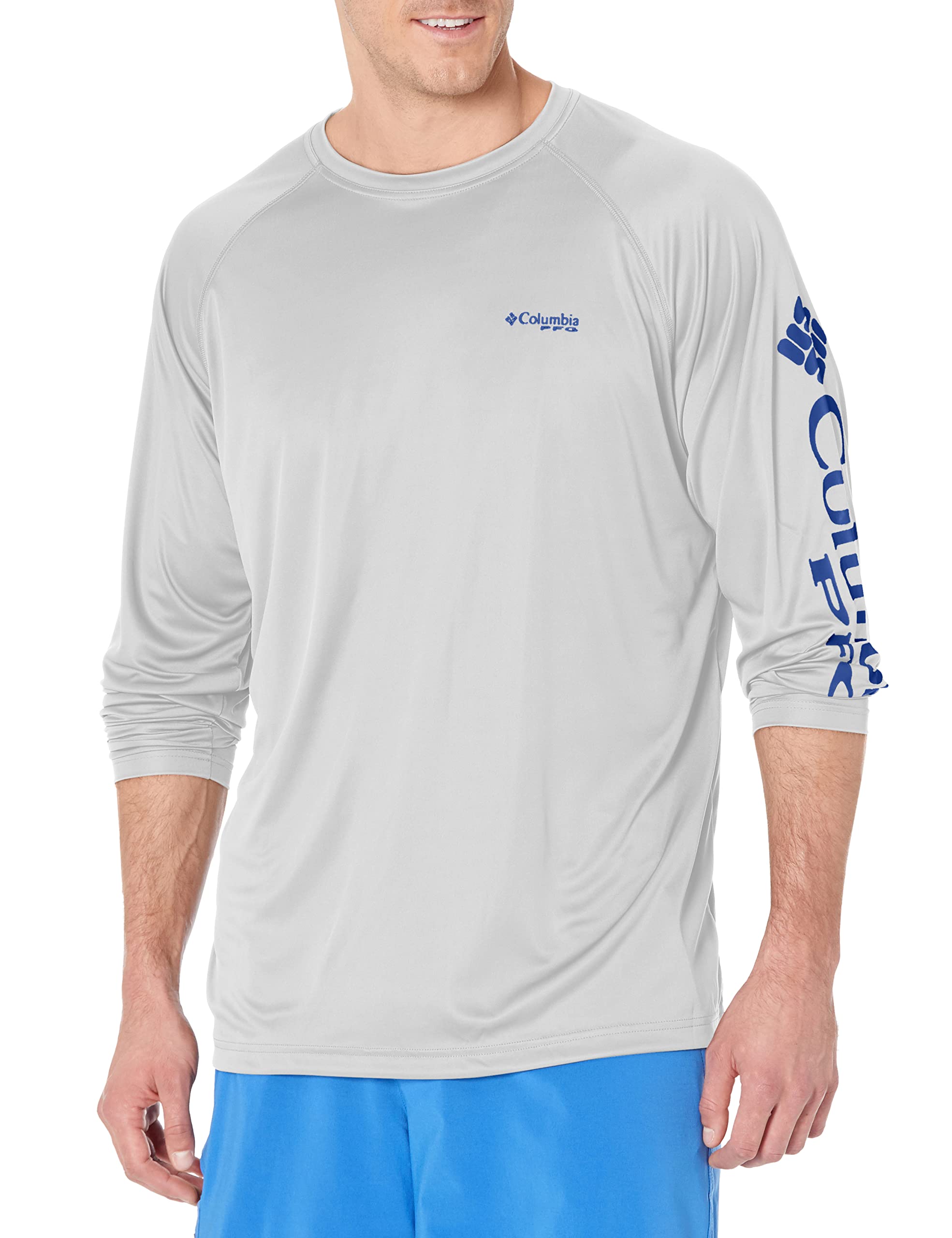 Columbia Men's PFG Terminal Tackle Long Sleeve Fishing Shirt, Cool Grey/Vivid Blue Logo, X-Large Tall