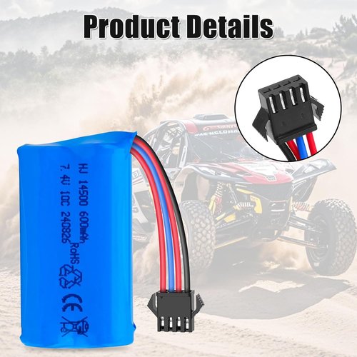 Crazepony 7.4V Li-Ion 600mAh Rechargeable Battery - SM-4P Plug & Charger Cable for RC Vehicles | 2 Pack