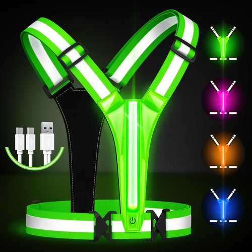 Fokia Kunbio LED Reflective Running Vest Gear,Light Up Vest Runners Night Walking USB Rechargeable,Up to 11hrs Light with Adjustable Waist/Shoulder for Women Men Kids (Green)