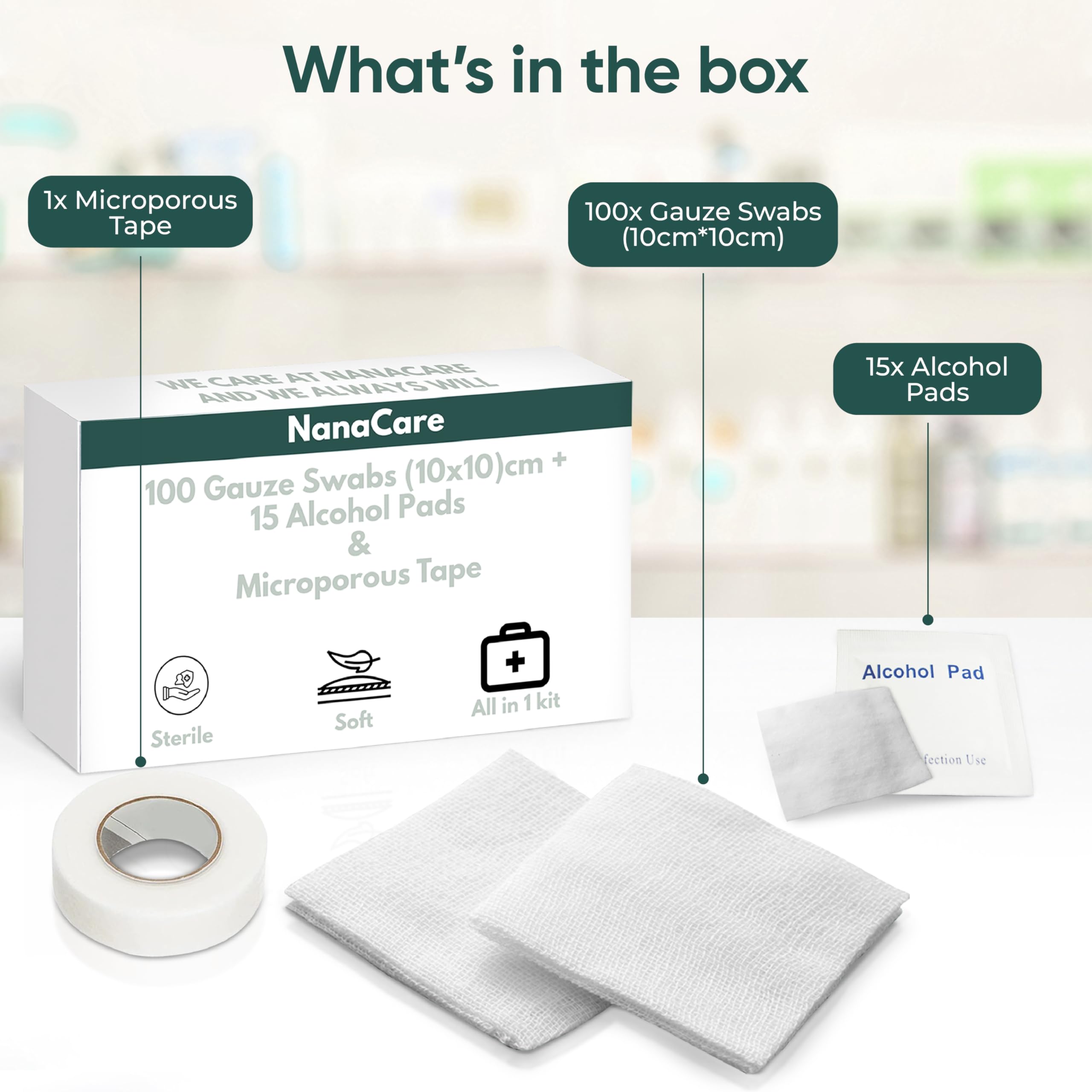 100pc Sterile 4x4 Non-Stick Gauze Pads with Adhesive Medical Tape & 15 Alcohol Wipes – Hypoallergenic Highly Absorbent Non-Adherent Dressing Sponges for Effective Wound Care and First Aid Supplies
