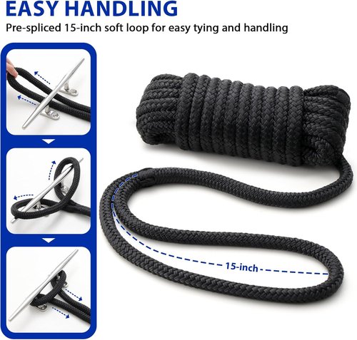 Boat Dock Lines - Double Braided Nylon Ropes with Pre-Spliced Loop | 3/4" x 25ft | 2 Pack for Mooring & Docking