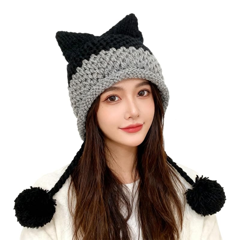 Fox Ears Beanie Hat for Adults - Handmade Knit Winter Cap with Pompom, Black+7-8