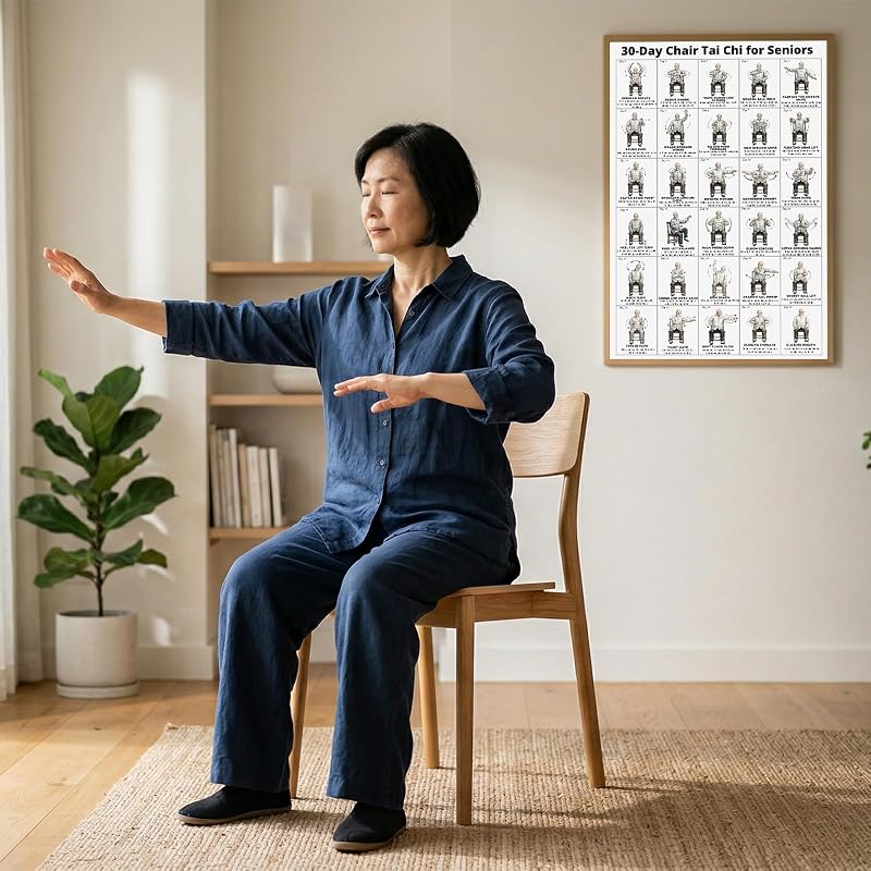 Chair Tai Chi Workout Chart for Seniors – Seated Exercises Canvas Wall Art (A) 24" x 16"