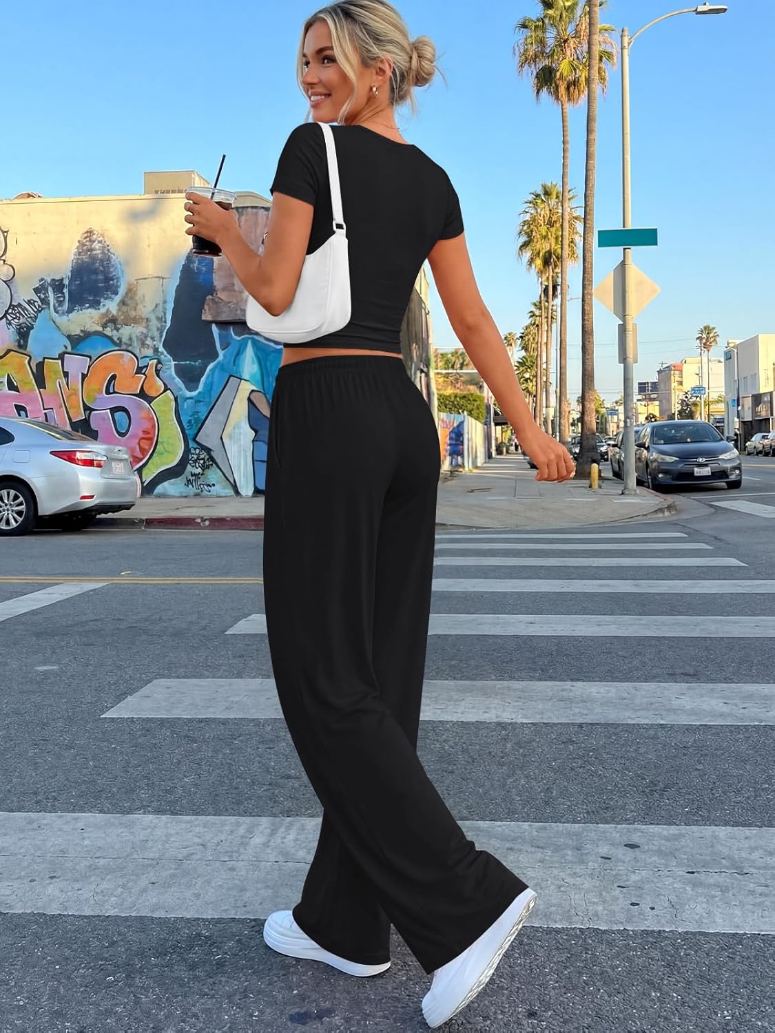 Trendy Queen 2 Piece Summer Sweatsuit - Women's Crop Top & Wide Leg Pants Set