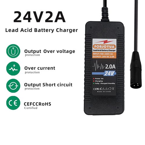 FORJOYUA 24V 2A AC/DC Lead-Acid Battery Charger for 24V Lead-Acid Battery Pack with XLR-3Pin Connector Fast Charging