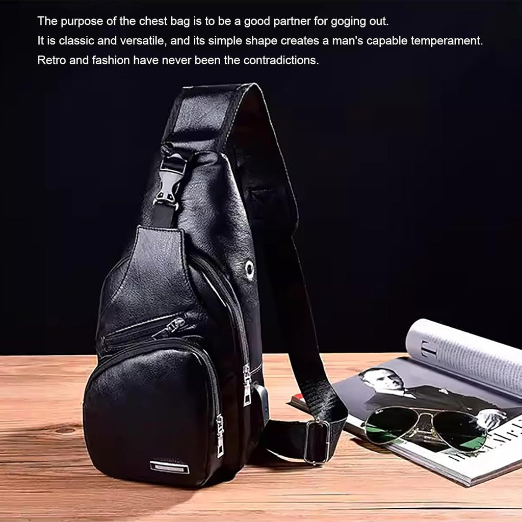 Peicees Leather Sling Bag - Men's Crossbody Backpack with USB Charging Port | Stylish & Functional