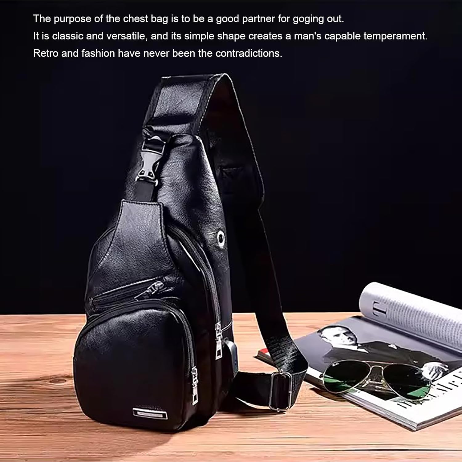 Peicees Leather Sling Bag - Men's Crossbody Backpack with USB Charging Port | Stylish & Functional
