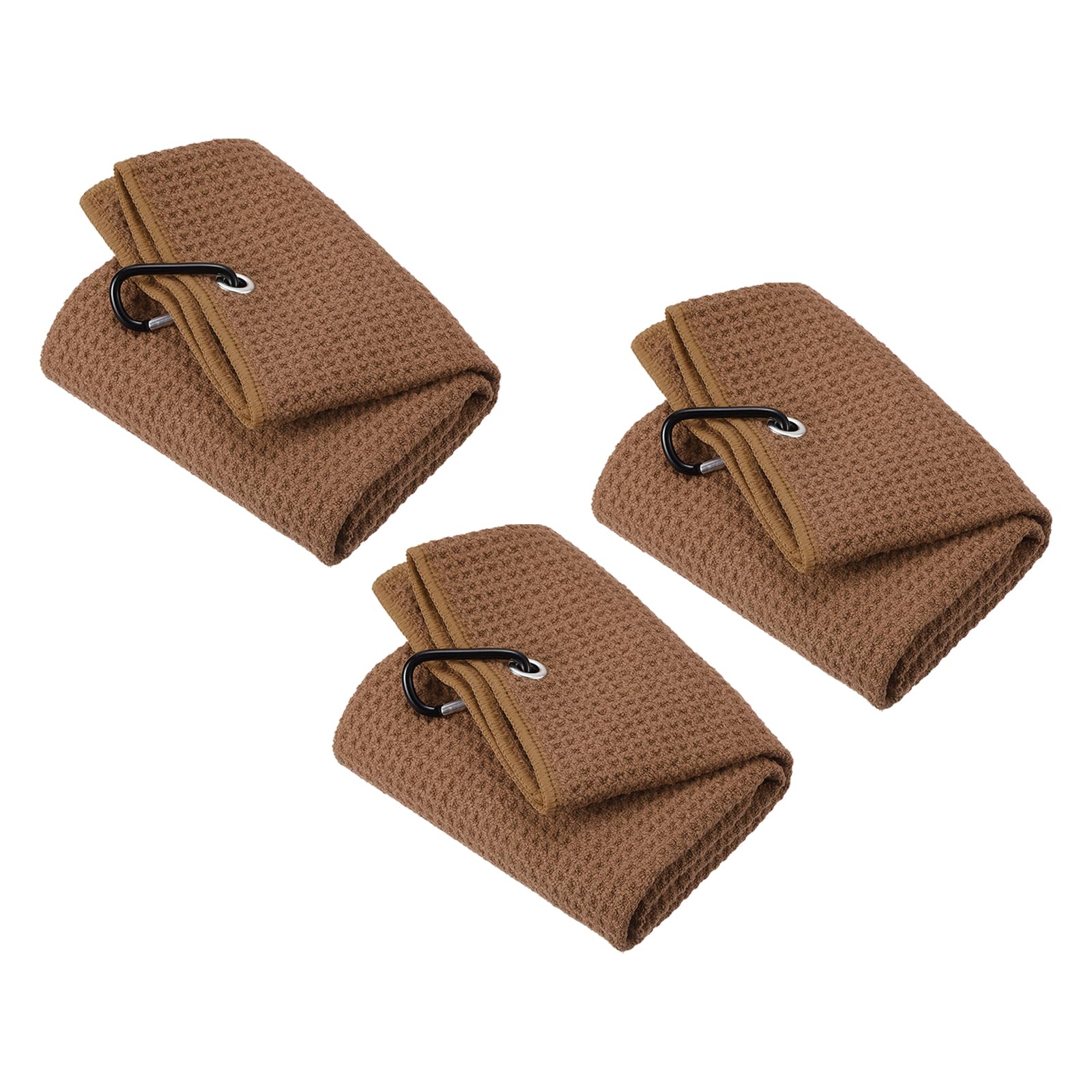 PATIKIL 12"x12" Tri-Fold Golf Towels, 3 Pack Waffle Pattern Towels Soft Fiber Strong Water Absorption with D Clip for Golf Lovers, Brown
