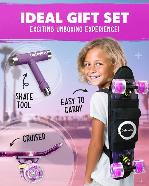 Deleven 22" Skateboard with Bright LED Wheels, Carry Bag, Skate Tool, ABEC 7 Bearings - for Kids Beginners Adults