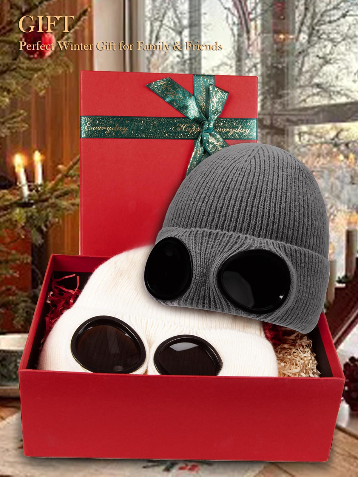 Vettres Unisex Winter Beanie with Fixed Goggles, Double-Layer Knit Hat with Soft Fleece Lining, Warm Windproof Skull Cap Dark Gray