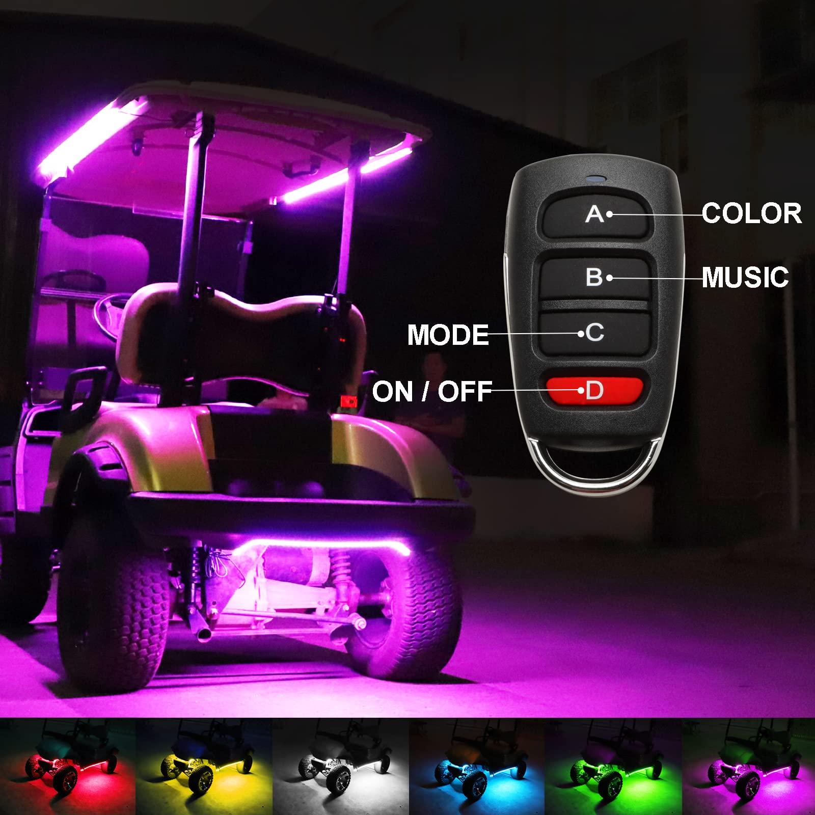 Roykaw Golf Cart Underglow Accent Neon Lighting Kit Standard Million Color LED for EZGO/Club Car/Yamaha Models, Water Resistant Flexible Tubes and Remote Control/APP Control