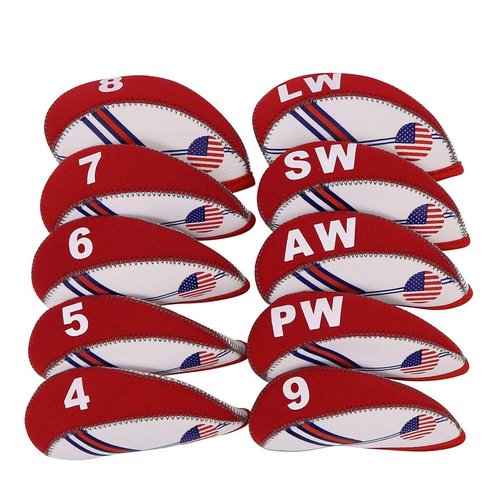 DBYAN Golf Iron Head Covers Set USA Flag Neoprene Golf Club Head Cover Wedge Iron Protective Case Head Covers Fit All Brands Titleist, Callaway, Ping, Taylormade, Cobra Etc,White & Red