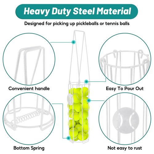 HolyMaji Cylindrical Tennis Ball Hopper Collector Pickleball Balls Retriever Basket Tennis Ball Picker Upper for Easy Picking and Storage Metal Container Holds 24 Tennis Balls Training Caddy (White)