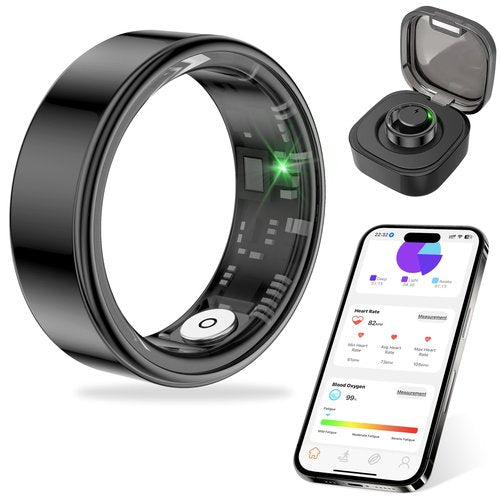 Thin Smart Ring for Fitness & Health Tracking -Pedometer,Sleep/Heart Rate/Blood Oxygen Monitor, Gesture Control / 5ATM Waterproof -No APP Subscription Compatible with Smart Phone (Black, 10)