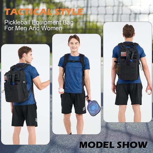 BISKLNDN Pickleball Backpack for Men and Women, Tactical Pickleball Paddle Bag with Molle System Design, Multi-Functional Pickleball Bag for Pickleball Lovers, Black