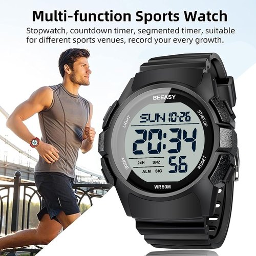 Beeasy Men's Digital Sports Watch - 50M Waterproof, 49mm Rubber Strap with Stopwatch & Alarm | Ideal for Gym & Daily Wear
