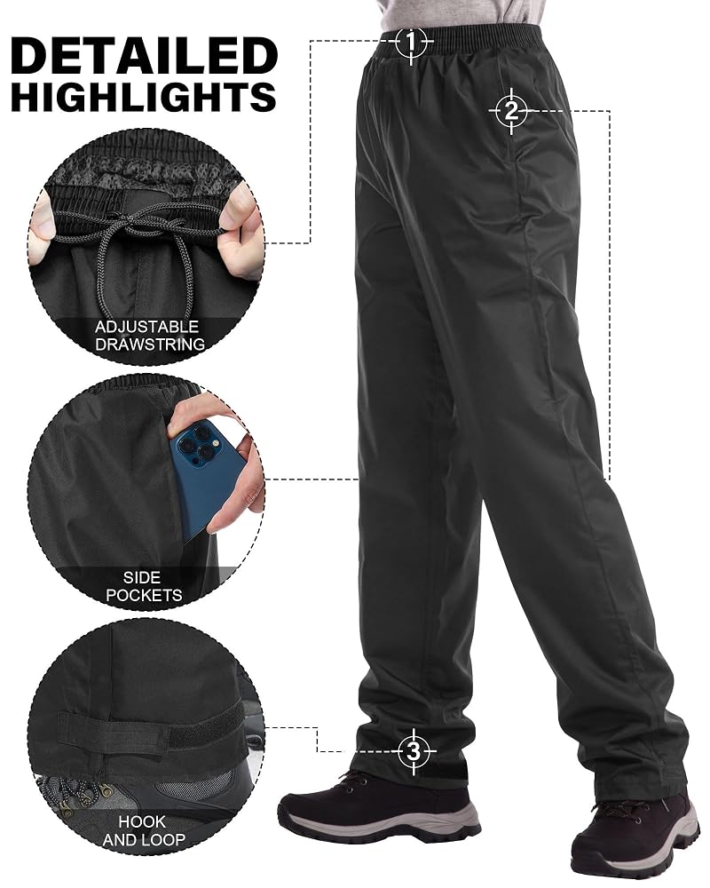 iCreek Women's Rain Pants Waterproof Breathable Lightweight Over Pants - Black, Petite Medium