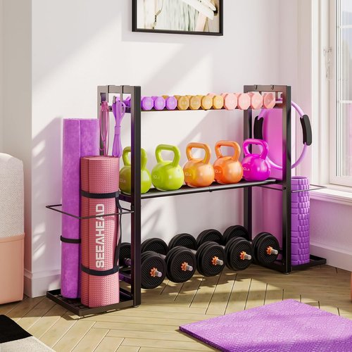 Heavy Duty Metal Dumbbell Rack by [Brand Name] - 3-Tier Adjustable Storage for Weights & Yoga Mats
