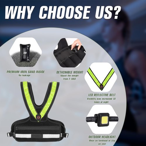 Weighted Vest for Women, Sport Running Weighted Vest with Reflective Strips and LED Flashing Sash, 2-10 lbs Weight Vest for Strength Training and Workout