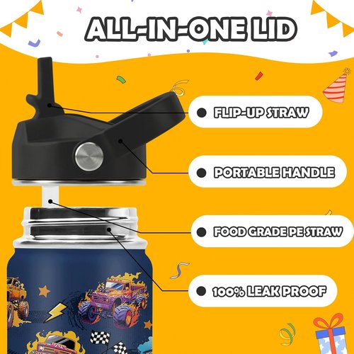 Monster Truck Water Bottle - 16oz Stainless Steel Insulated Cup with Straw | Fun Design for Kids