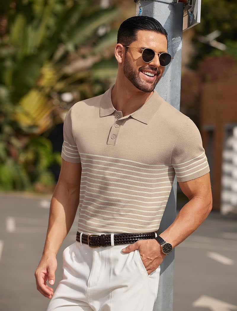 Khaki Striped Knit Polo Shirt for Men - Short Sleeve Button-Down Golf Essential