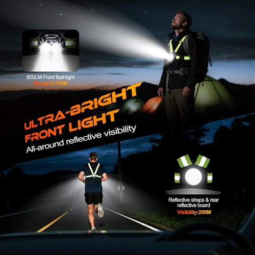 **Skiennix Running Lights - 800LM Rechargeable Visibility Vest with 6 Modes & IPX5 Waterproof | Adjustable Tilt for Night Jogging**