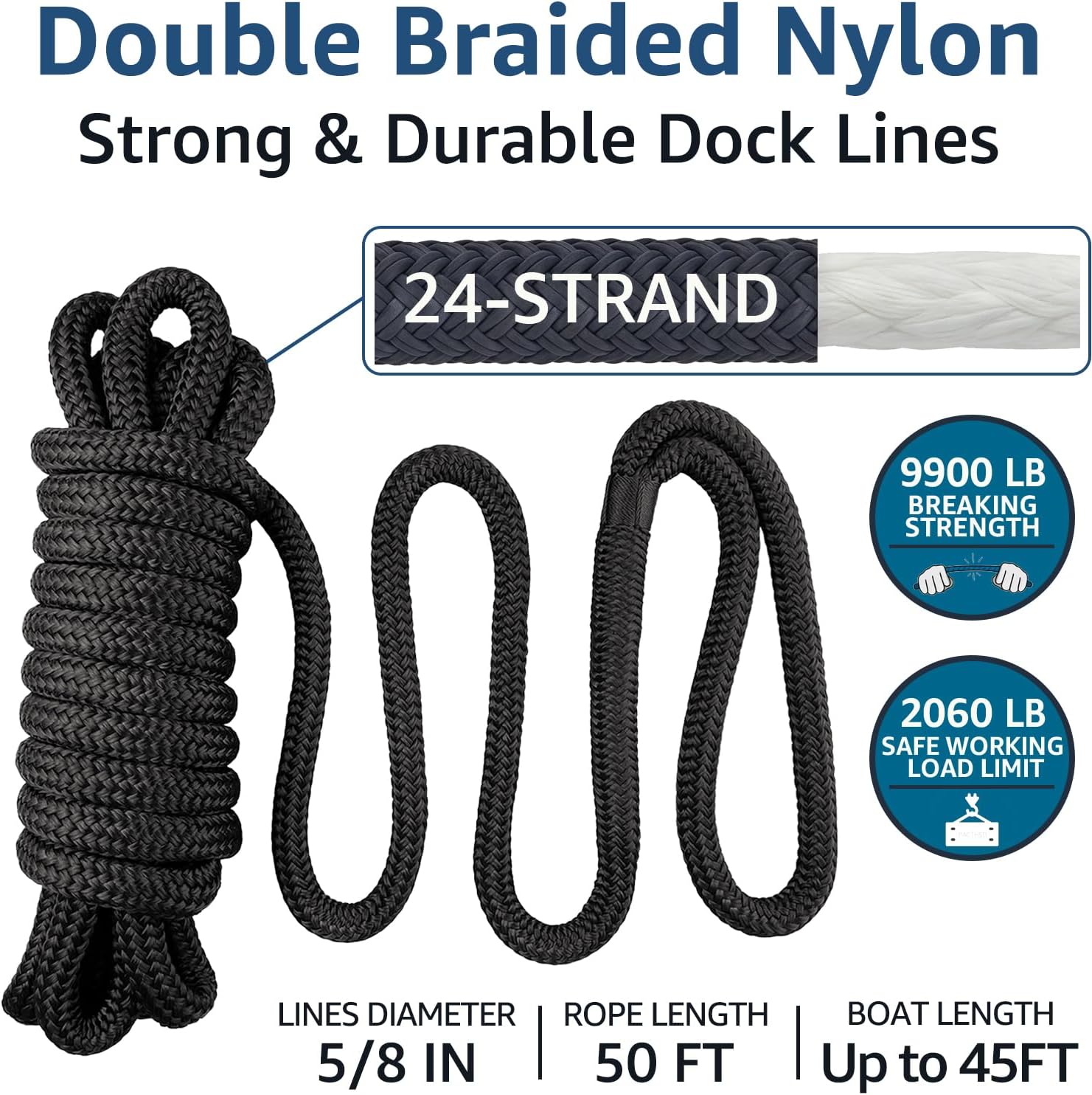 PACTHSD Dock Lines - 5/8" x 50' Double Braided Nylon Marine-Grade Boat Ropes with 16" Eyelet