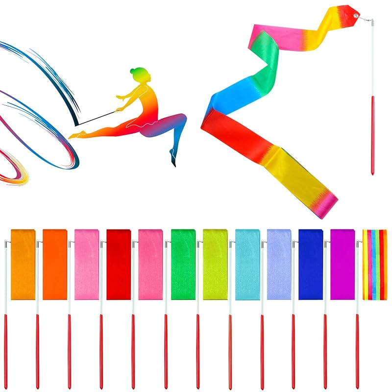 Aneco 24-Piece Dance Ribbons Streamers for Rhythmic Gymnastics - Colorful Silk Ribbon Wands (Variation: Small)