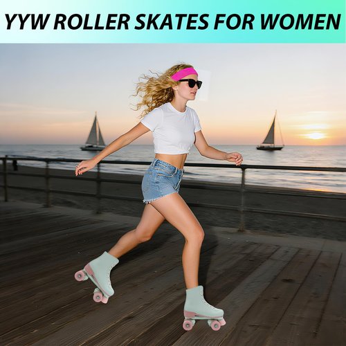 YYW Women Roller Skates Girls Mint Green RollerSkates Light Up Double Row PU Leather Adult Skates for Beginner Outdoor Indoor (Flash wheel 42)