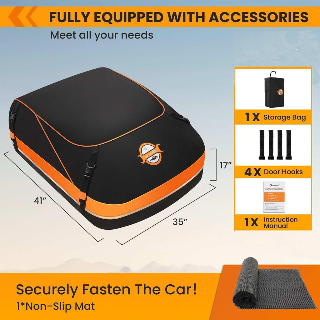 Sailnovo Car Rooftop Cargo Carrier Roof Bag, 15 Cubic Feet Waterproof Rooftop Cargo Carrier Bag, Fit Car with Without Luggage Rack - Cartop Carrier Bag with Tie-Down Strap, Safety Hook