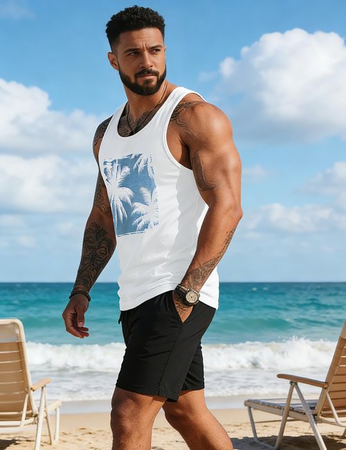 Gosuif Tank Tops Men Graphic Mens Beach Tank Tops for Men Summer Palm Tree Printed Hawaiian Sleeveless Workout Shirts for Men Muscle Gym Running Tank Top for Men White X-Large