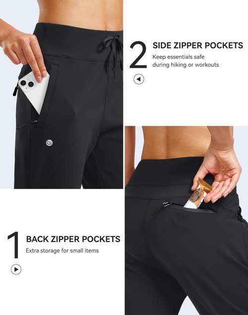G Gradual Women's Fleece Lined Joggers Water Resistant Hiking Pants High Waisted Winter Thermal Sweatpants 3 Zipper Pockets(Black,M)