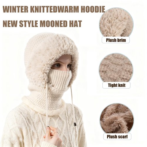 3 in 1 Beanie Hat with Scarf and Mask, Women's Outdoors Windproof Scarf Hat Winter Balaclava for Women, Warm Knitted Face Mask Hat (Black)