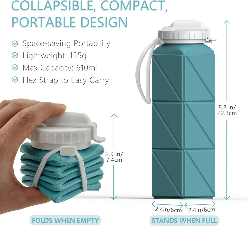 Skiennix Collapsible Water Bottles - 20.6oz Silicone, BPA-Free, Leakproof, Portable for Travel | 4 Pack (Black, Dark Blue, Blue, Pink)